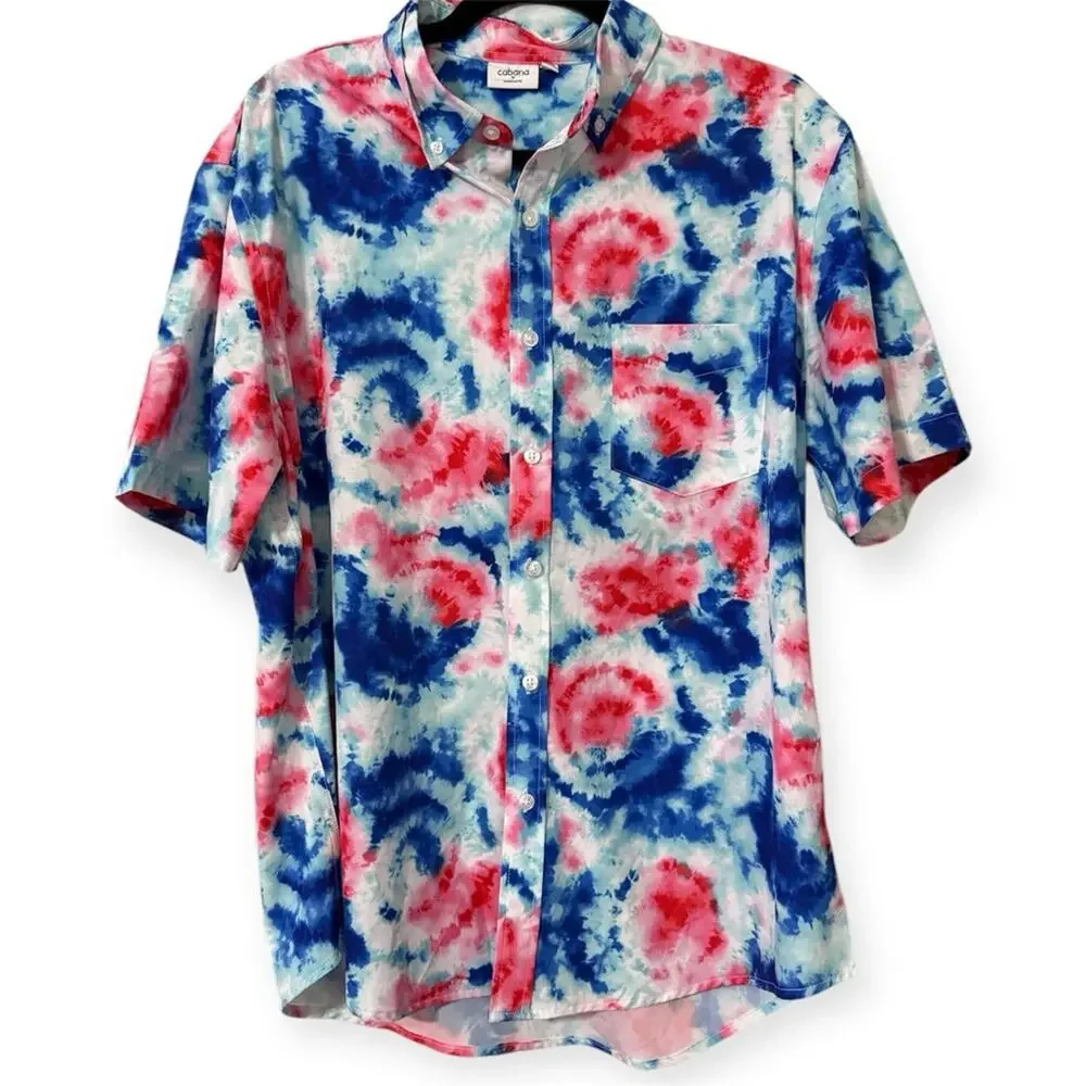 Cabana by Crown & Ivy men’s large casual tie dye button down shirt short sleeve - Picture 1 of 8